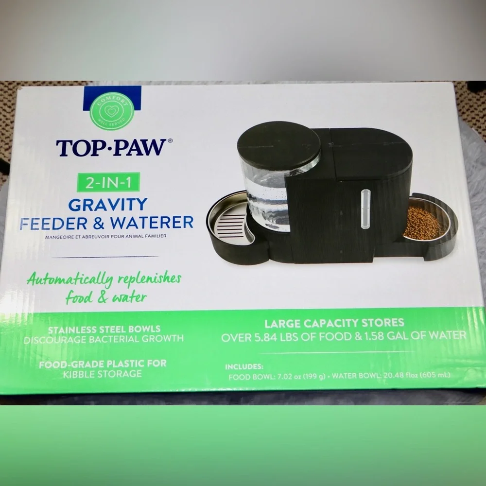 Top Paw 2-in-1 Gravity Pet Feeder & Waterer Dog Cat Automatic Food Dispenser